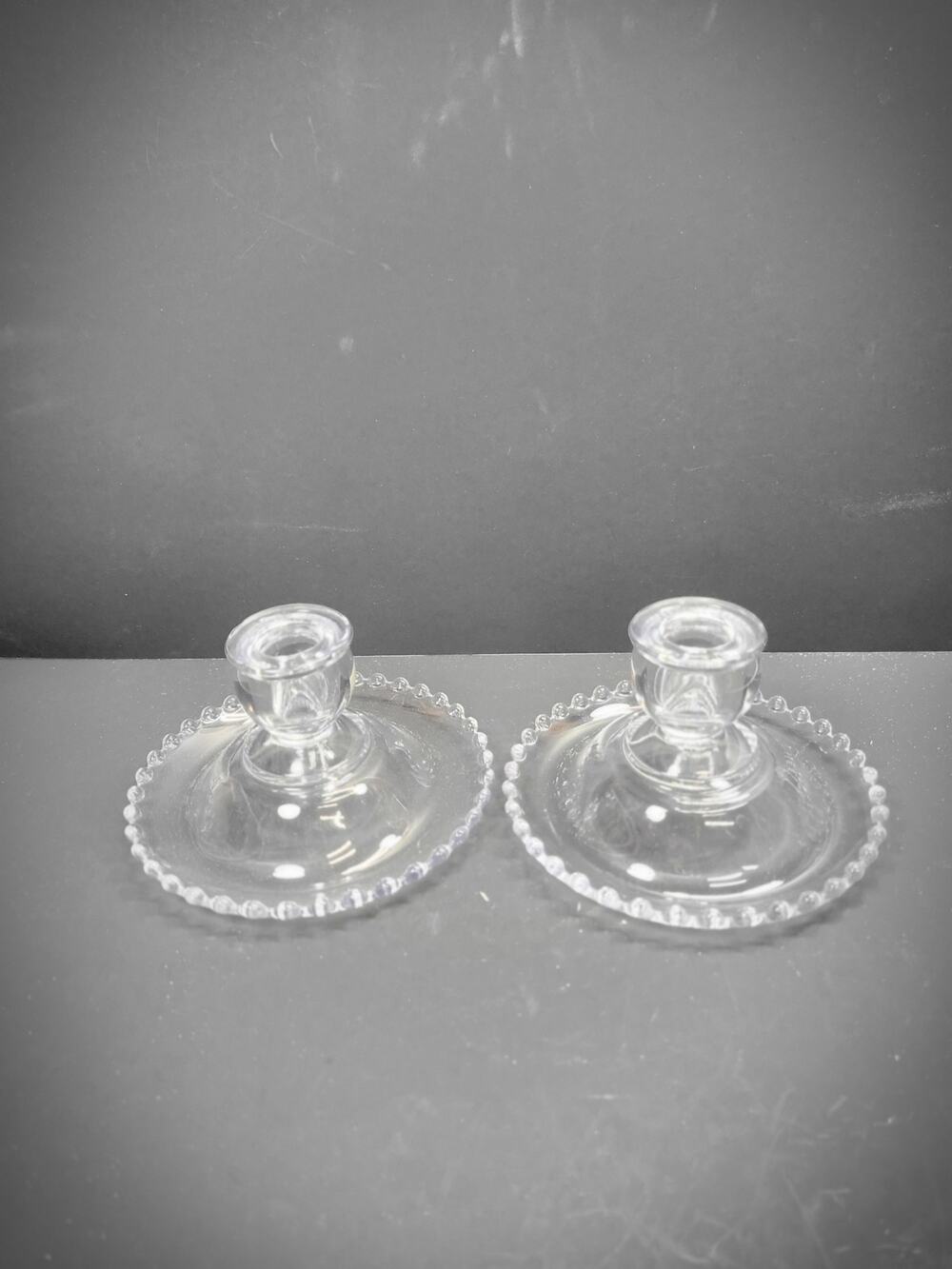 2 Vintage Candlewick  Candle Holders Beaded Flat Candlesticks, Blue Hue
